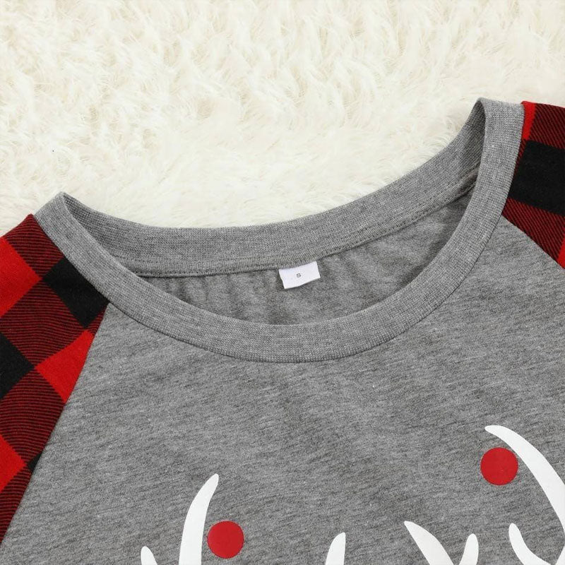 Merry Christmas Antler Letter Print Buffalo Plaid Design Family Matching Pajamas Sets