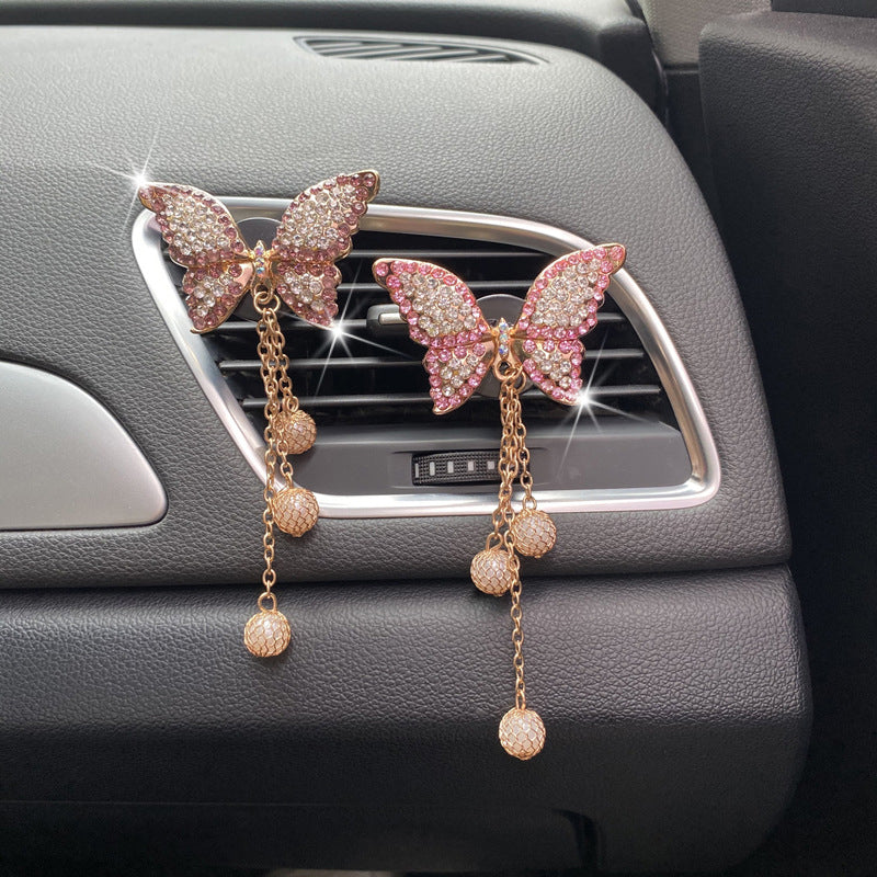 Diamond Butterfly Tassel Pearl Car Perfume Clip