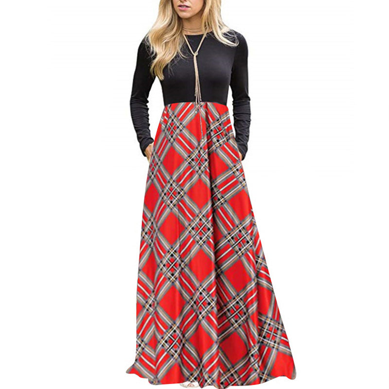 Women's Plaid Long Sleeve Empire Waist Full Length Maxi Dress