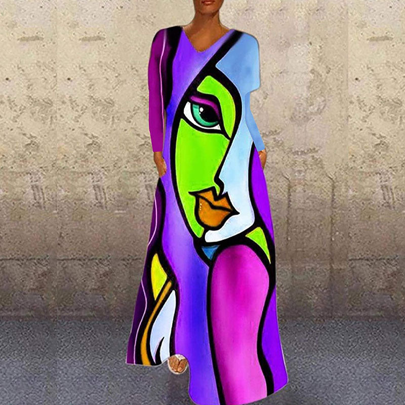 Portrait Print V-Neck Maxi Dress