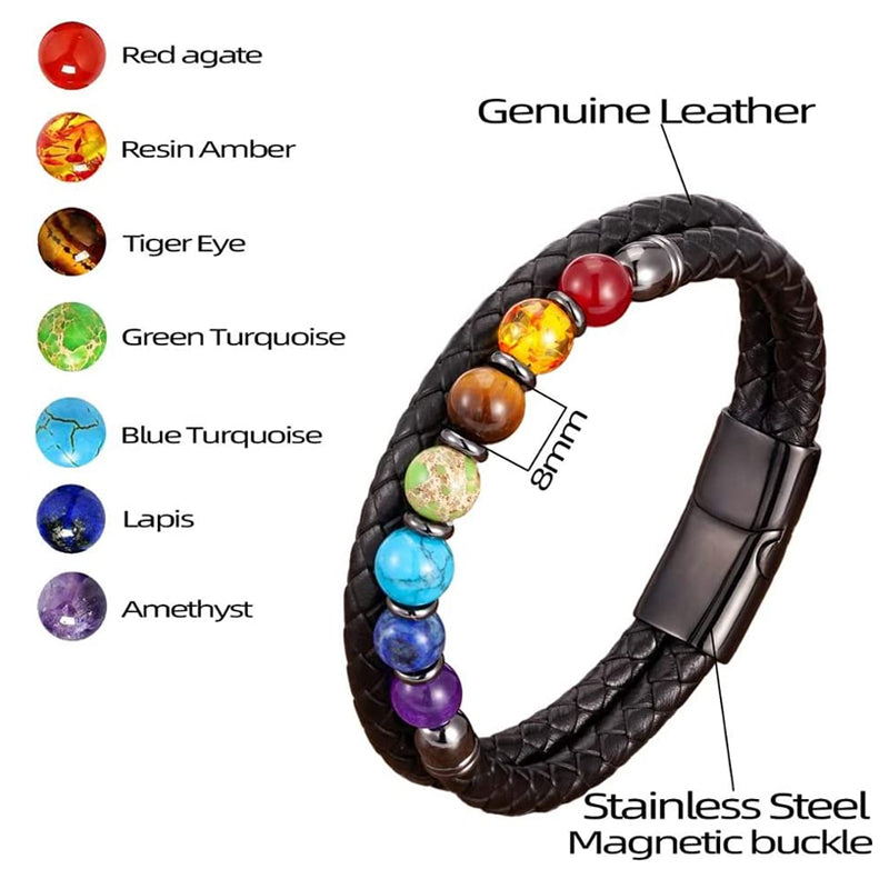 Natural 7 Chakra Stone Beads Black Leather Bracelet