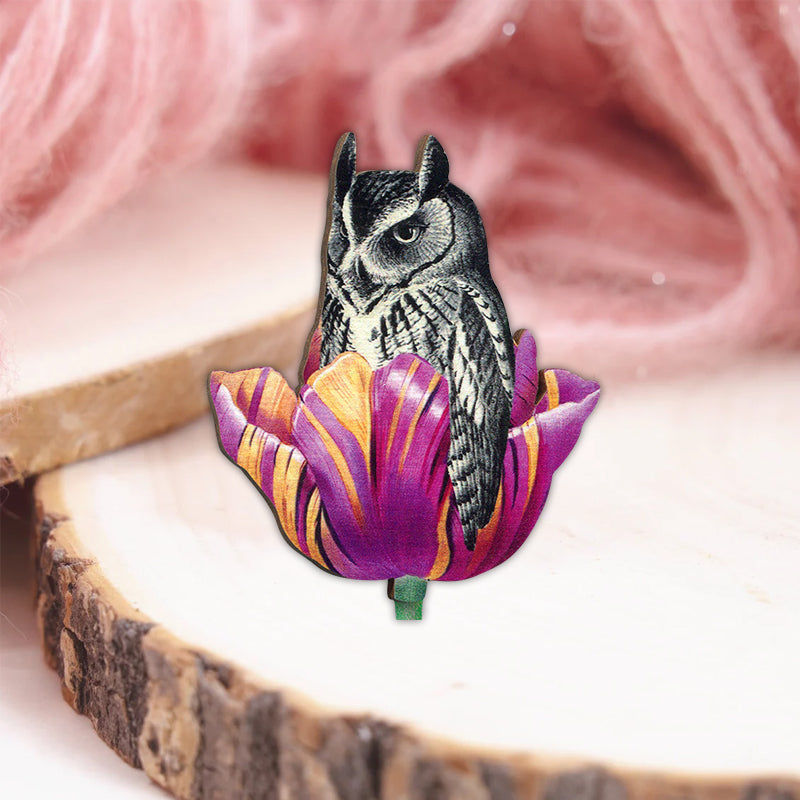 Vintage Owl Cut Tulip Wooden Brooch