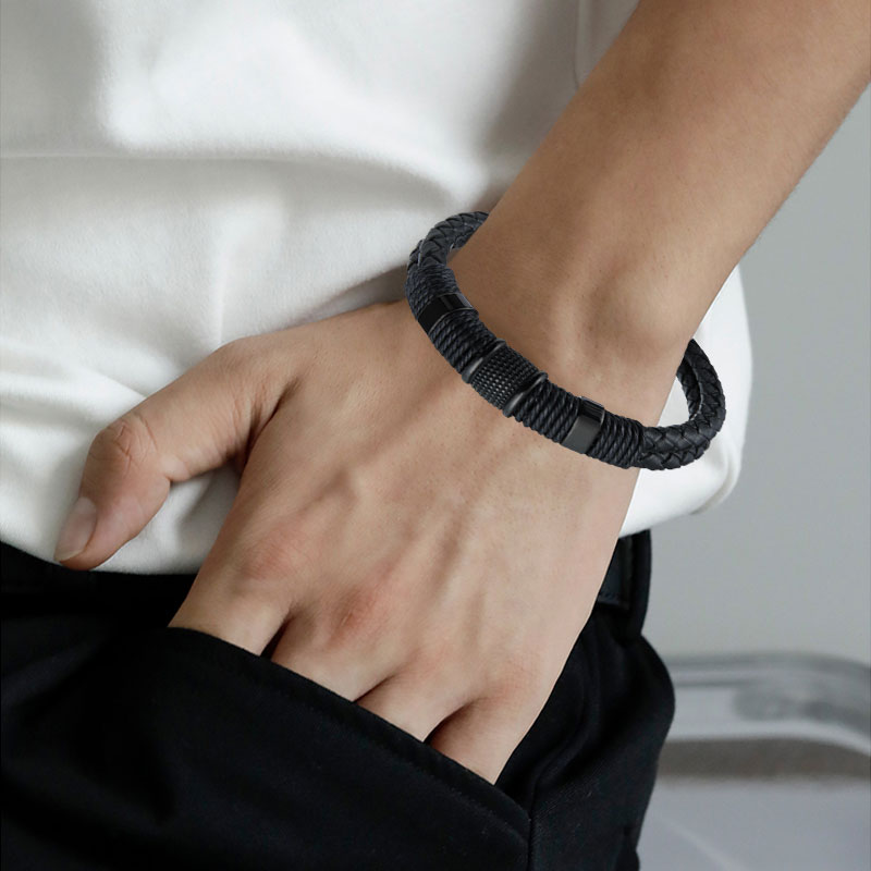 All Black Leather & Stainless Steel Bracelet