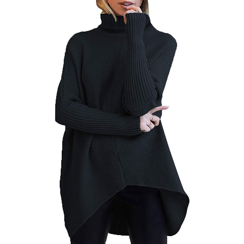 Womens Turtleneck Long Batwing Sleeve Asymmetric Hem Casual Pullover Sweater