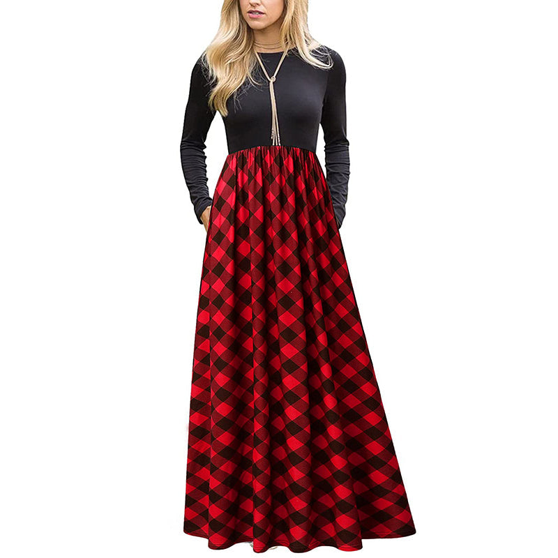 Women's Plaid Long Sleeve Empire Waist Full Length Maxi Dress