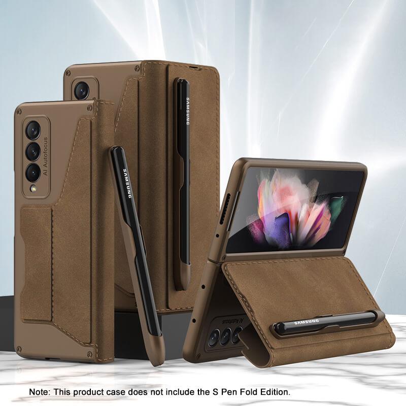 Leather Pen Holder Armor Back Case For Samsung Galaxy Z Fold4 Fold3 5G