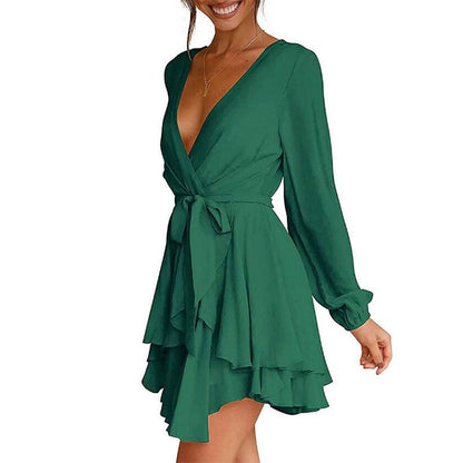 Women's Dress Deep V-Neck Long Sleeve Waist Tie Ruffle Mini Swing Skater Dresses