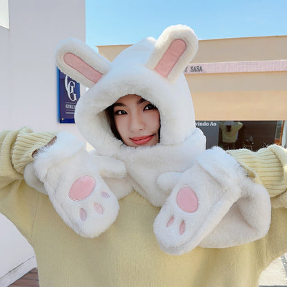 3 in 1 Rabbit Ears Plush Warm Hooded Scarf Gloves