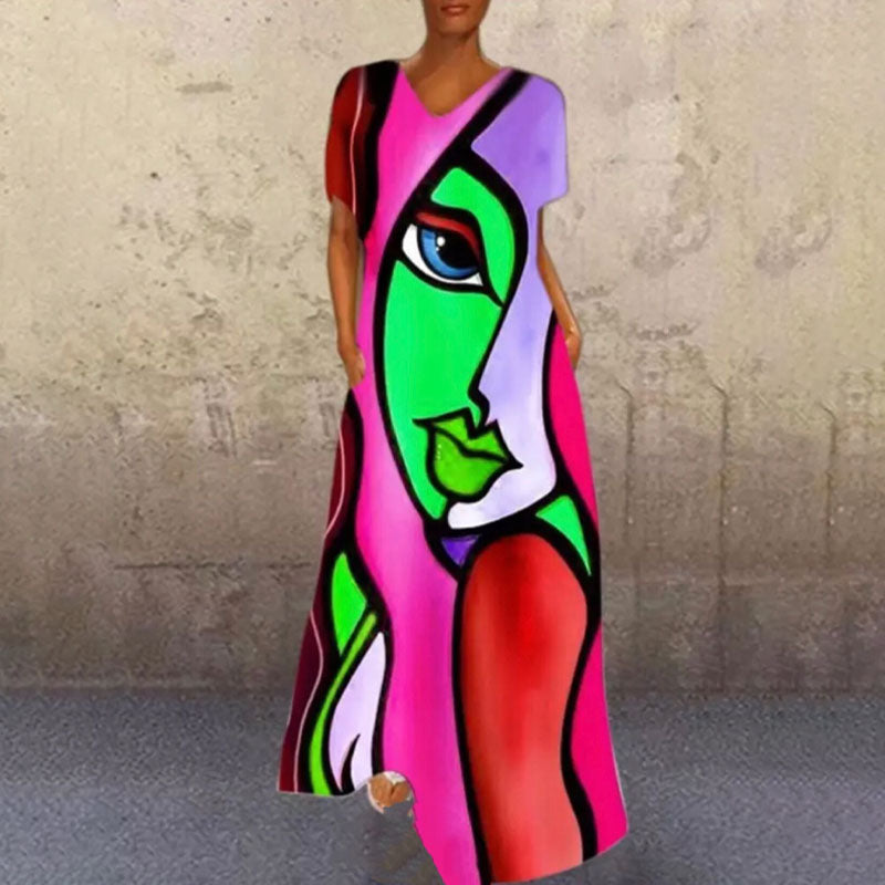 Portrait Print V-Neck Maxi Dress