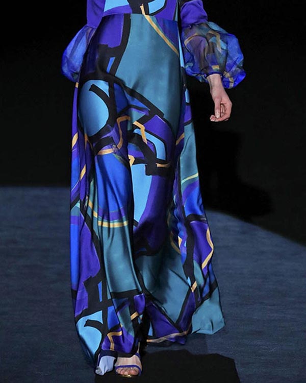 Blue Printed Elegant Round Neck Long Dress