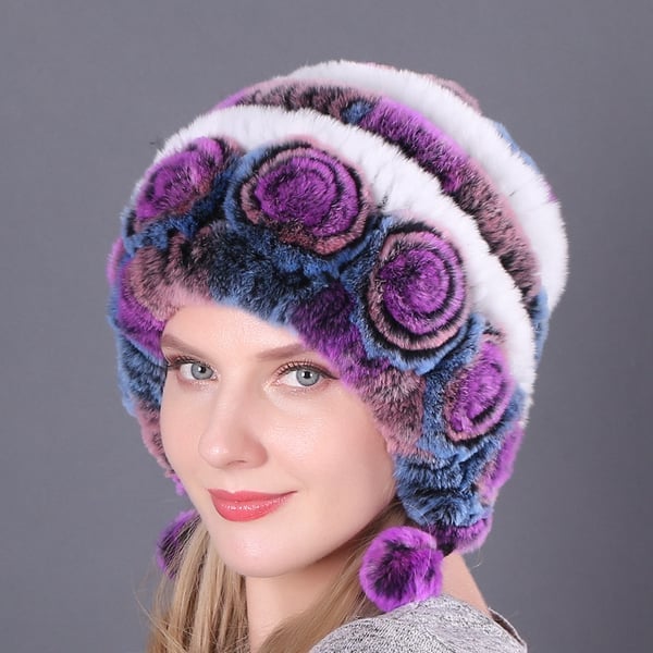 Lady Warm Flowers Striped Real Rex Rabbit Fur Hats