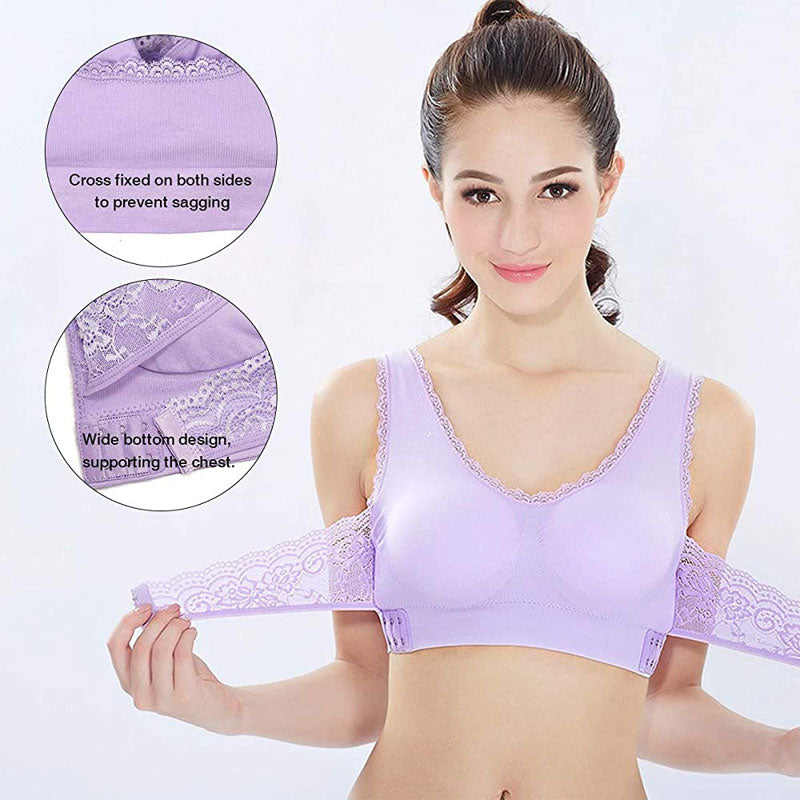 Cross Front Side Button Lace Trim Wireless Sports Bra