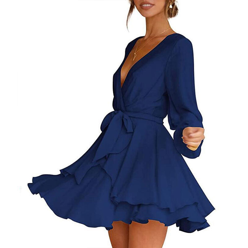 Women's Dress Deep V-Neck Long Sleeve Waist Tie Ruffle Mini Swing Skater Dresses