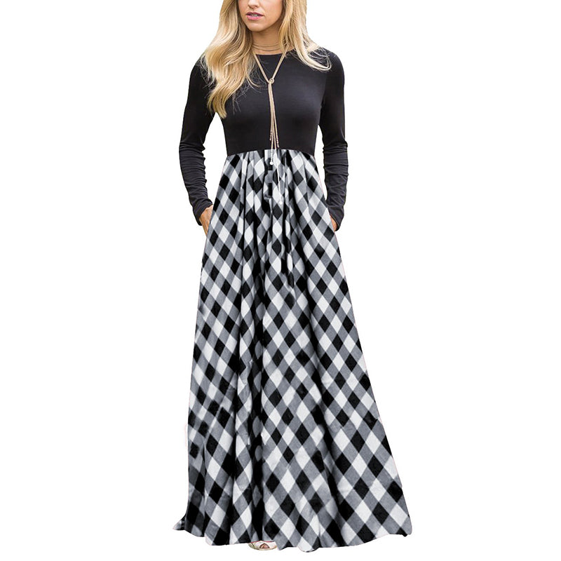 Women's Plaid Long Sleeve Empire Waist Full Length Maxi Dress