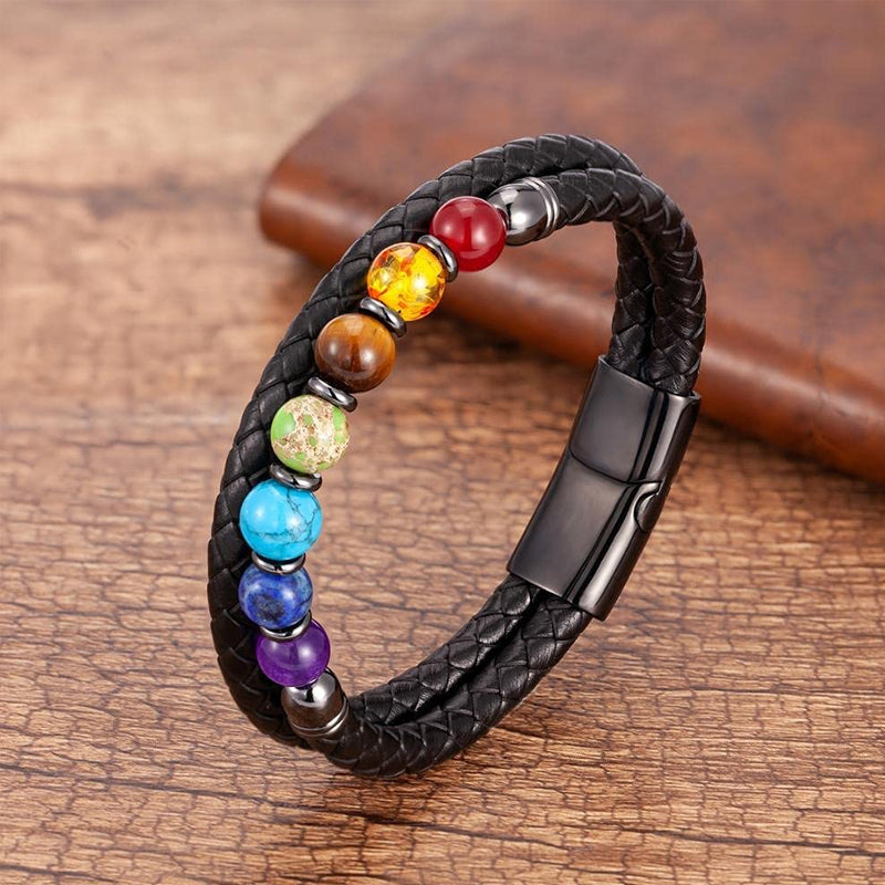 Natural 7 Chakra Stone Beads Black Leather Bracelet