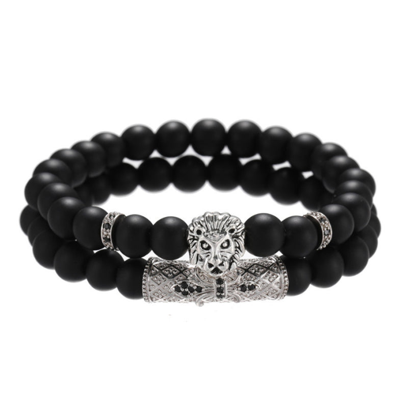 Brushed Stone Alloy Lion Head Stretch Bracelet