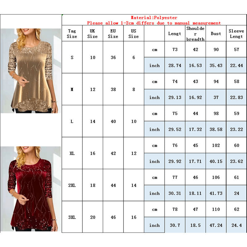 Round Neck Sequin Print Irregular Hem Women's Long Sleeve Tops