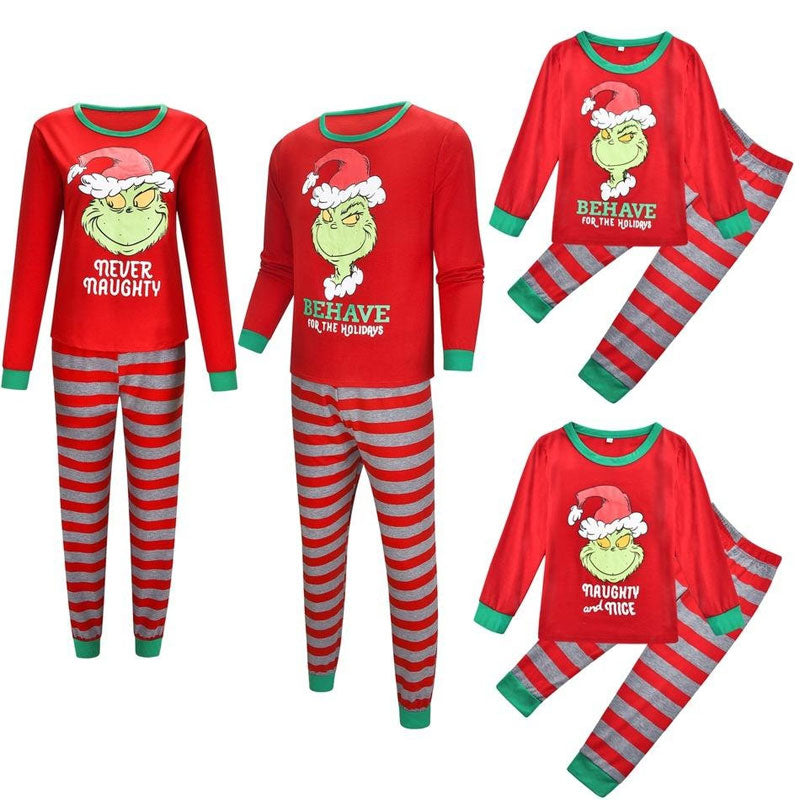 Family Matching Elf Print Merry Christmas Striped Pajamas Sets