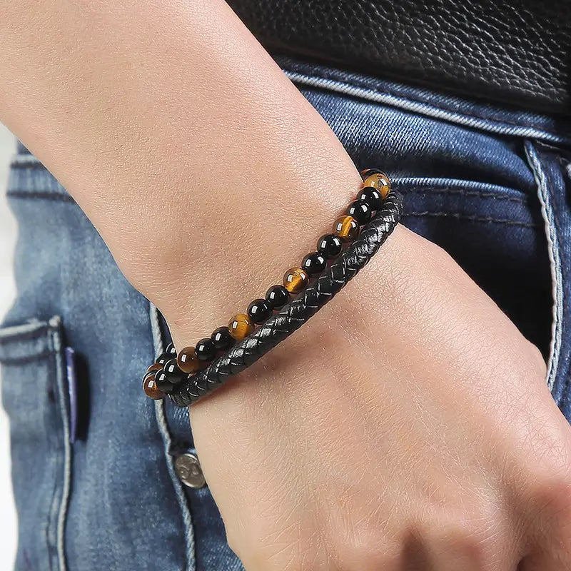 Double Tiger Eye Lava Stone Beaded Bracelet