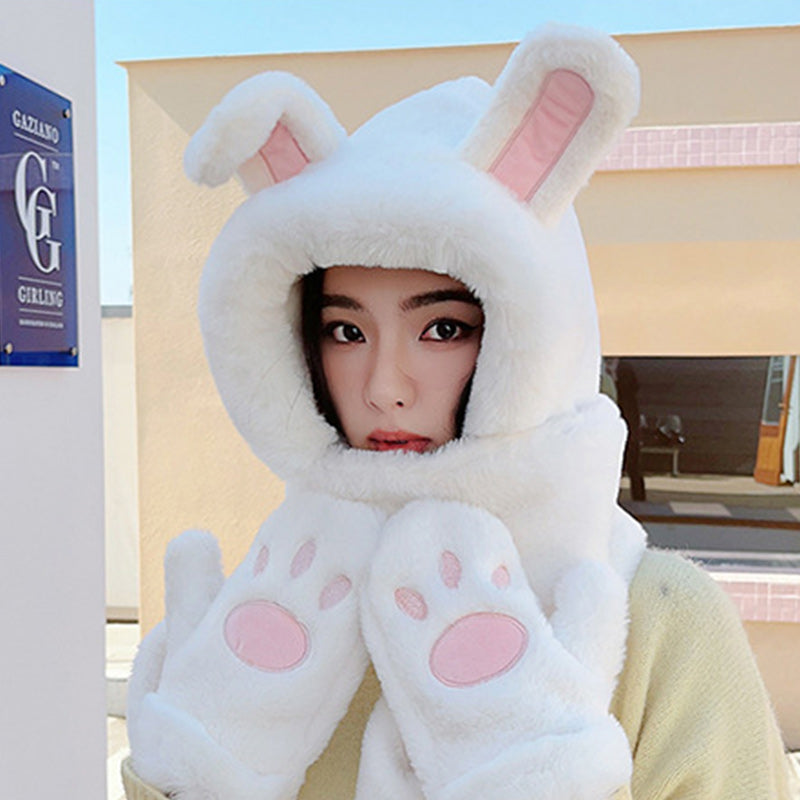 3 in 1 Rabbit Ears Plush Warm Hooded Scarf Gloves