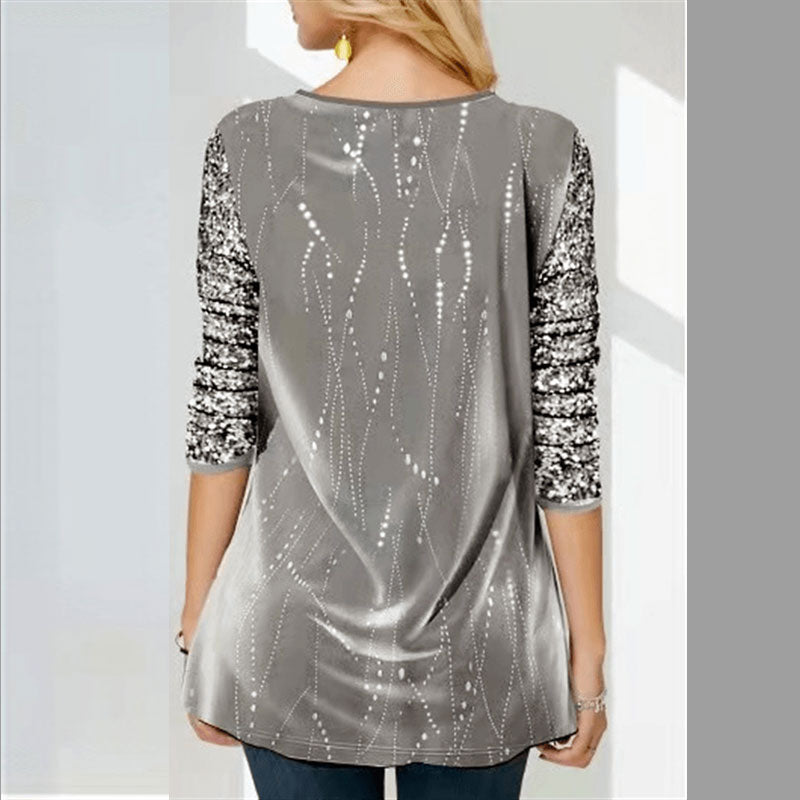 Round Neck Sequin Print Irregular Hem Women's Long Sleeve Tops