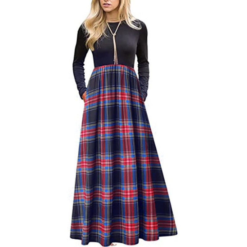 Women's Plaid Long Sleeve Empire Waist Full Length Maxi Dress