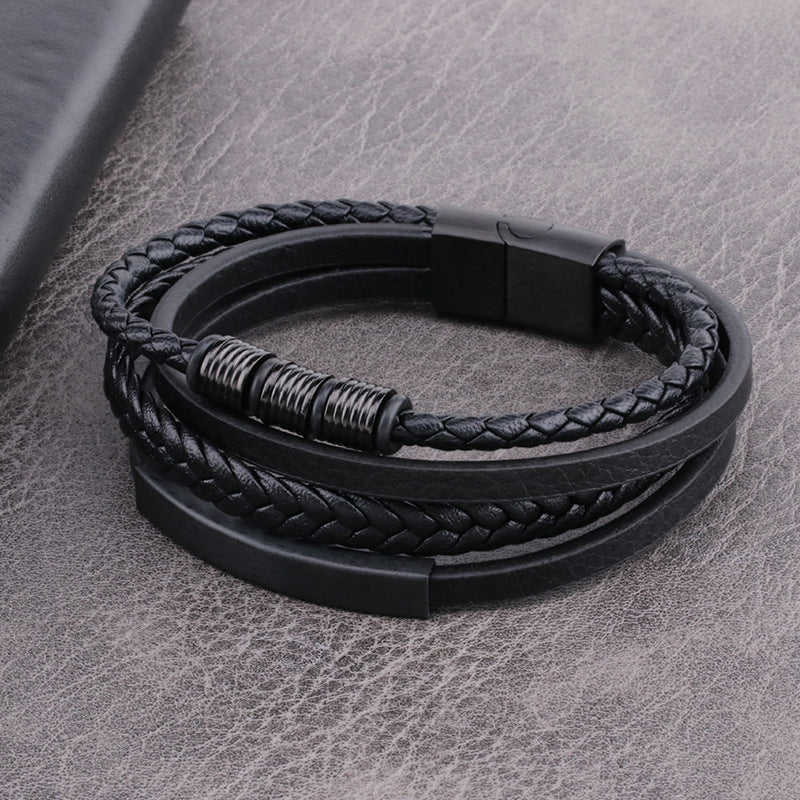 Men's Stainless Steel Leather Bracelet Multilayer Braided Cuff