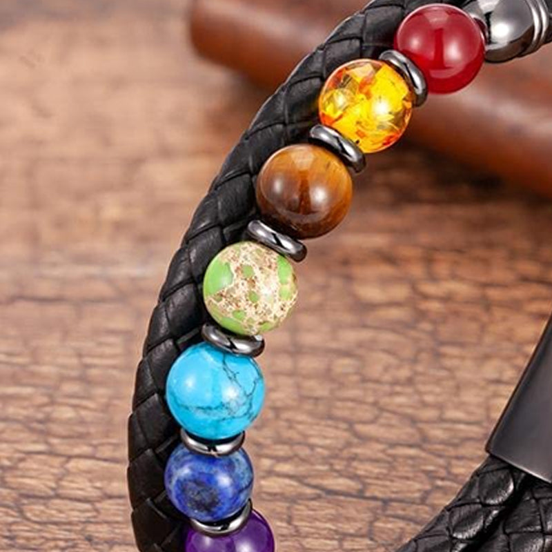 Natural 7 Chakra Stone Beads Black Leather Bracelet