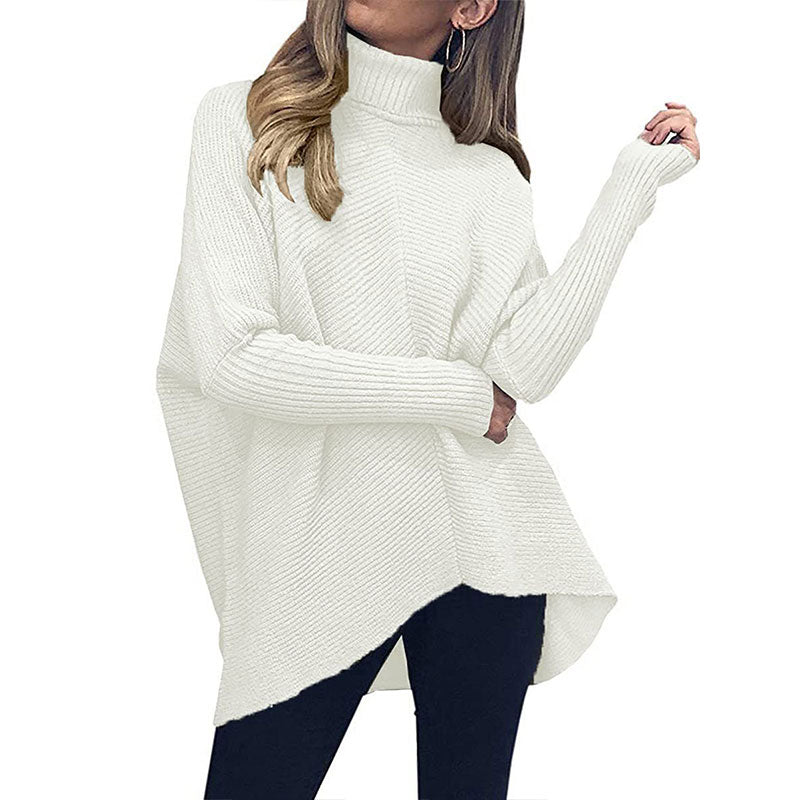 Womens Turtleneck Long Batwing Sleeve Asymmetric Hem Casual Pullover Sweater