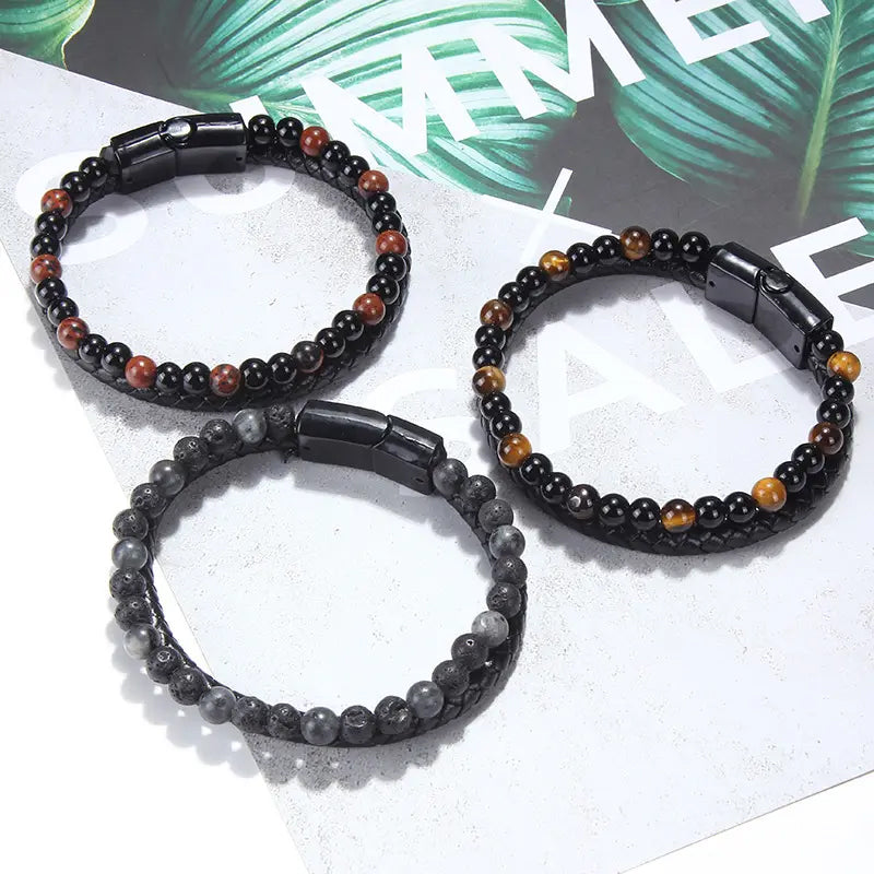 Double Tiger Eye Lava Stone Beaded Bracelet