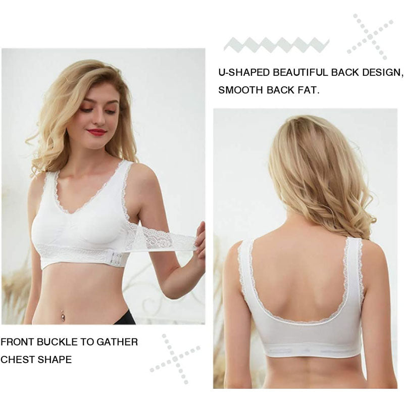 Cross Front Side Button Lace Trim Wireless Sports Bra