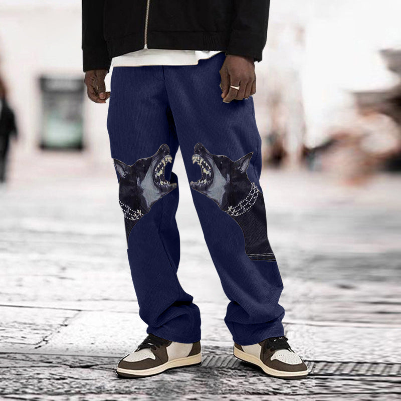 Men Fashion Printed Dog Head Long Trousers