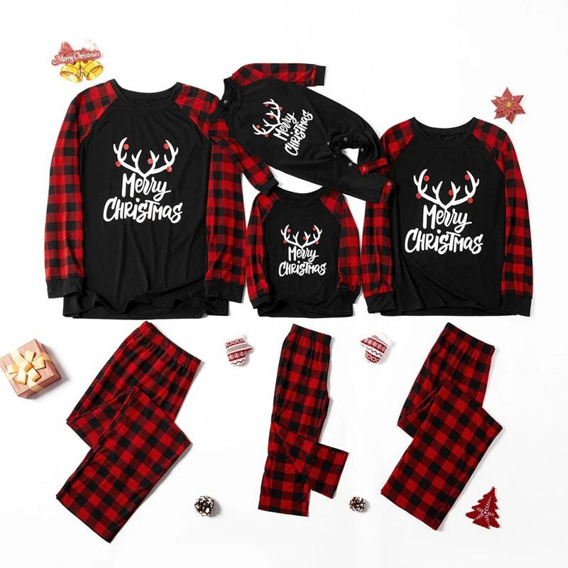 Merry Christmas Antler Letter Print Buffalo Plaid Design Family Matching Pajamas Sets