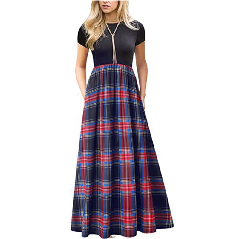 Women's Plaid Long Sleeve Empire Waist Full Length Maxi Dress