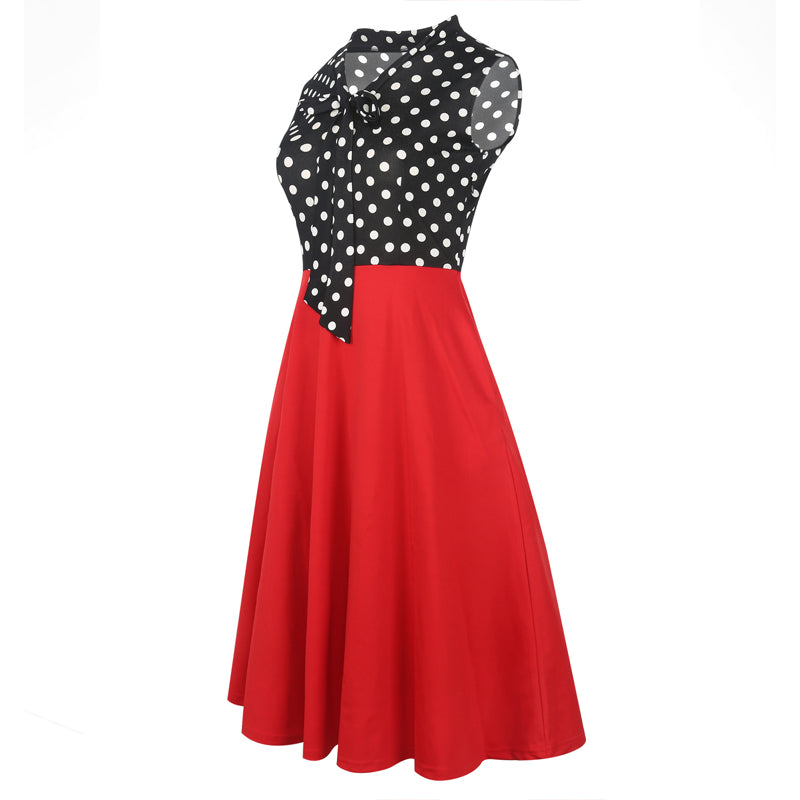 Women's Vintage Bow Tie V-Neck Pockets Casual Work Party Cocktail Swing A-line Dresses