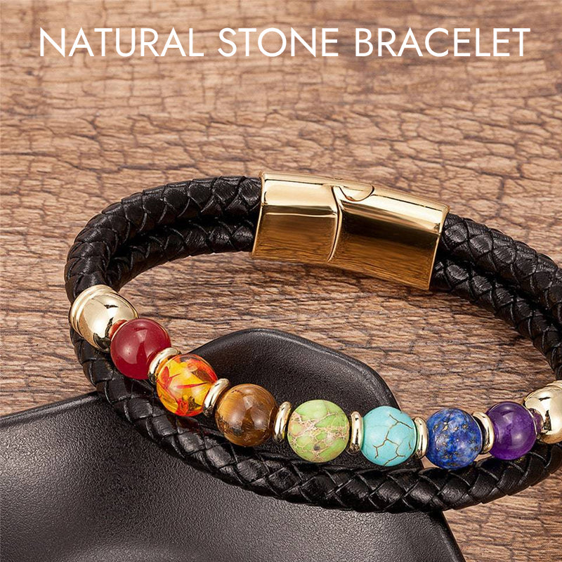 Natural 7 Chakra Stone Beads Black Leather Bracelet