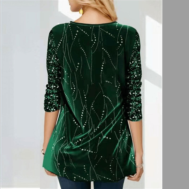 Round Neck Sequin Print Irregular Hem Women's Long Sleeve Tops