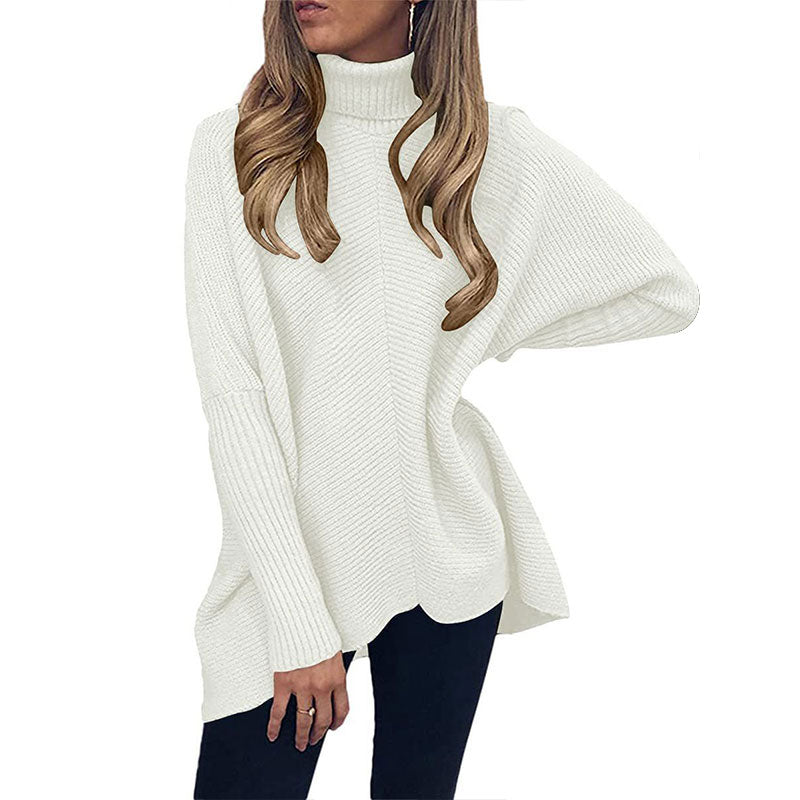 Womens Turtleneck Long Batwing Sleeve Asymmetric Hem Casual Pullover Sweater