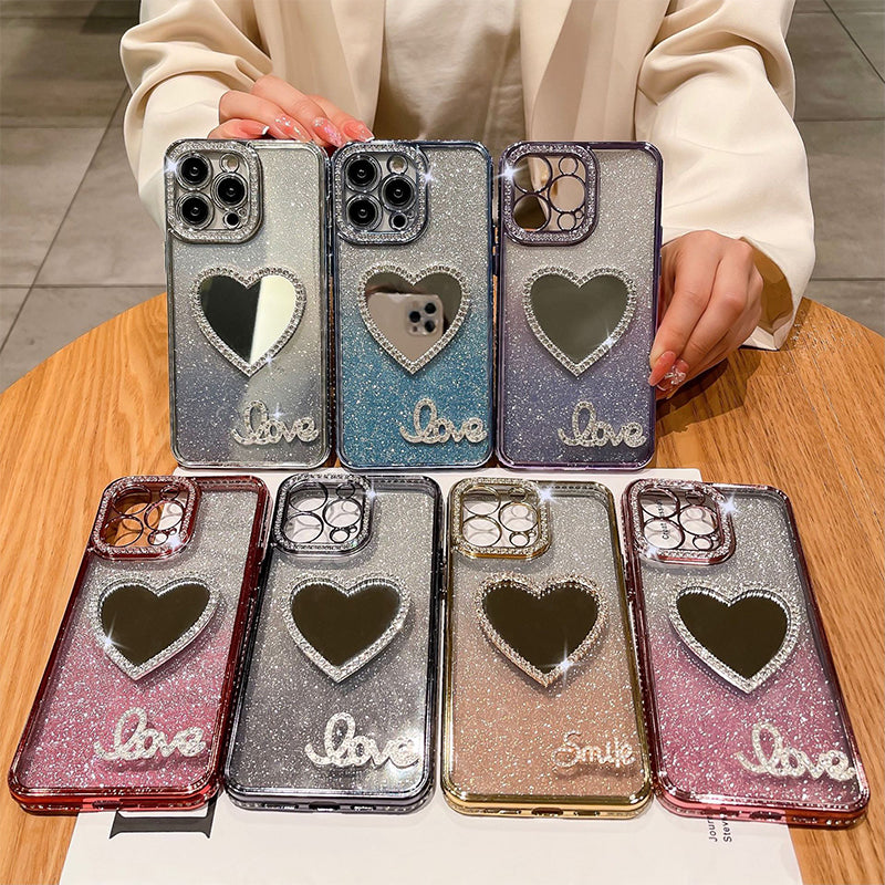 Gradient Glitter Rhinestone Border Love Mirror Phone Case