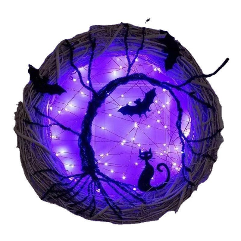 Bat And Cat Wreath Halloween Rattan