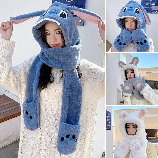 3 in 1 Rabbit Ears Plush Warm Hooded Scarf Gloves