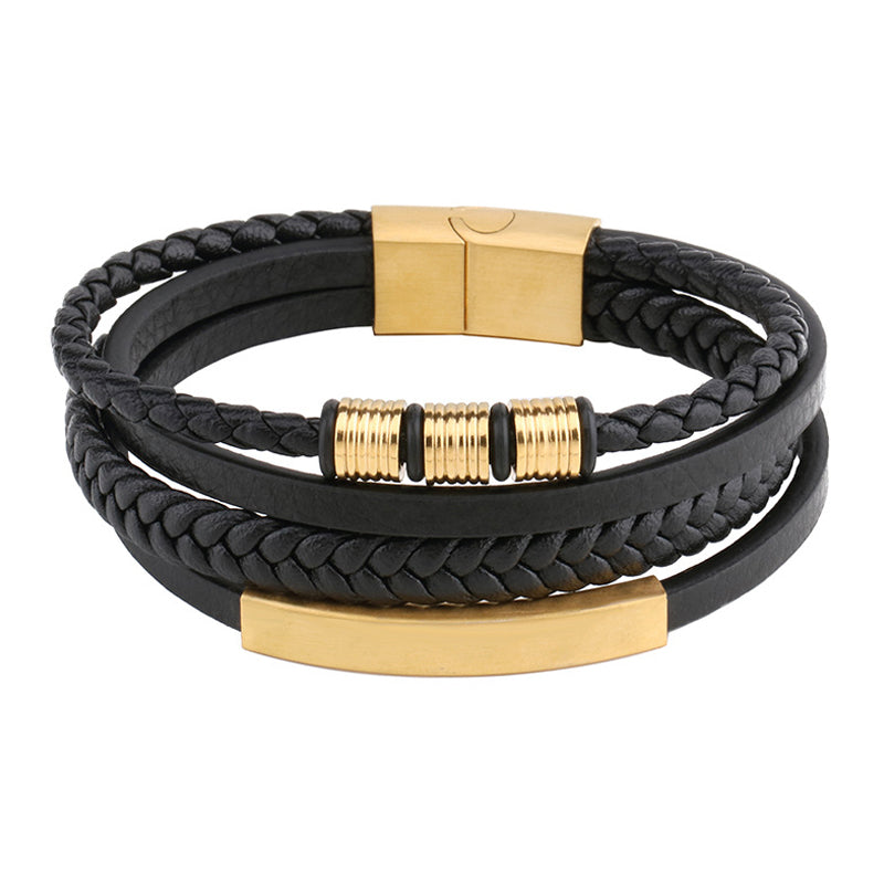 Men's Stainless Steel Leather Bracelet Multilayer Braided Cuff