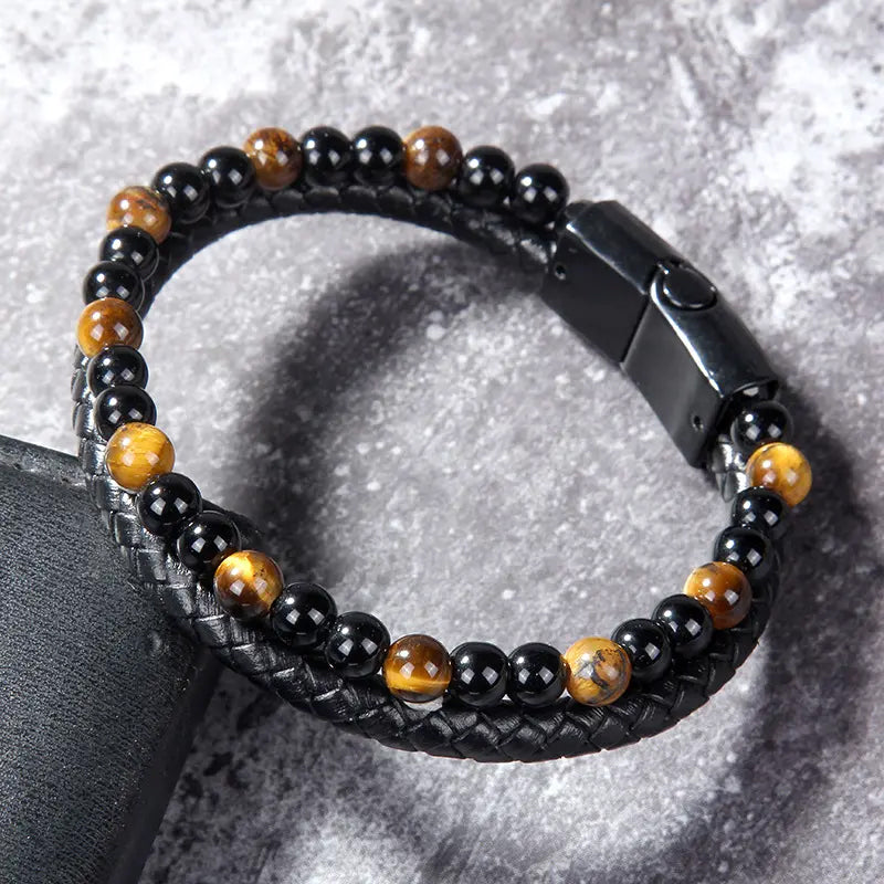 Double Tiger Eye Lava Stone Beaded Bracelet