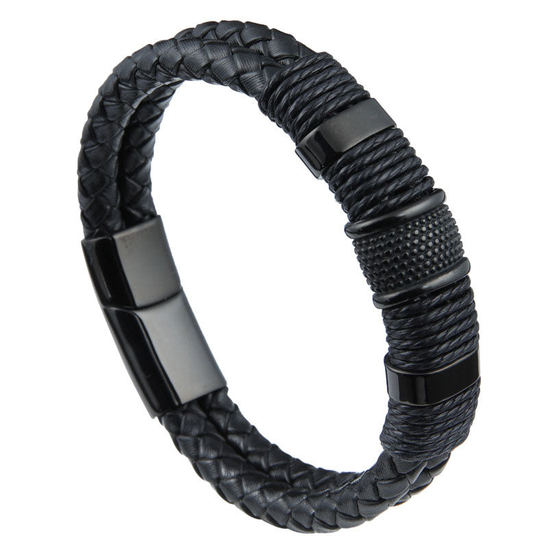 All Black Leather & Stainless Steel Bracelet