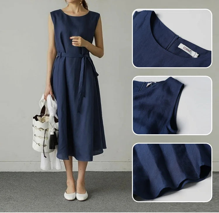 Round Neck Solid Color Cotton Linen Long Dress With Belt