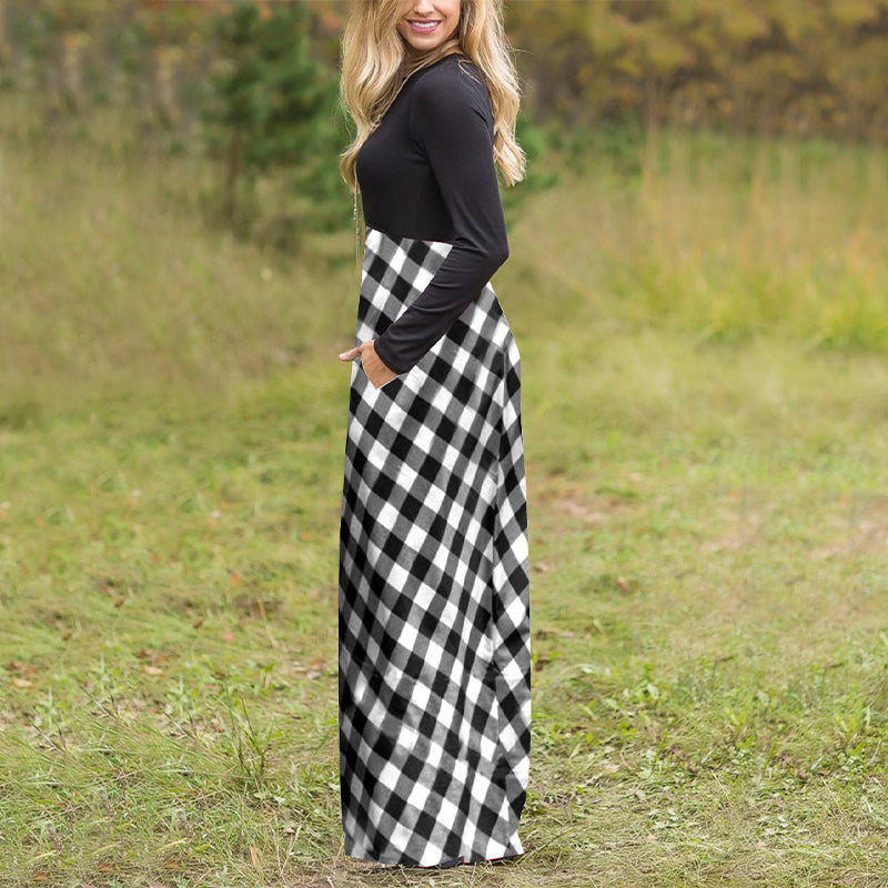 Women's Plaid Long Sleeve Empire Waist Full Length Maxi Dress