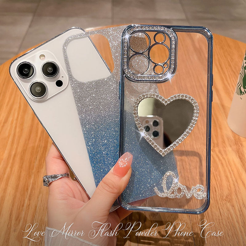 Gradient Glitter Rhinestone Border Love Mirror Phone Case