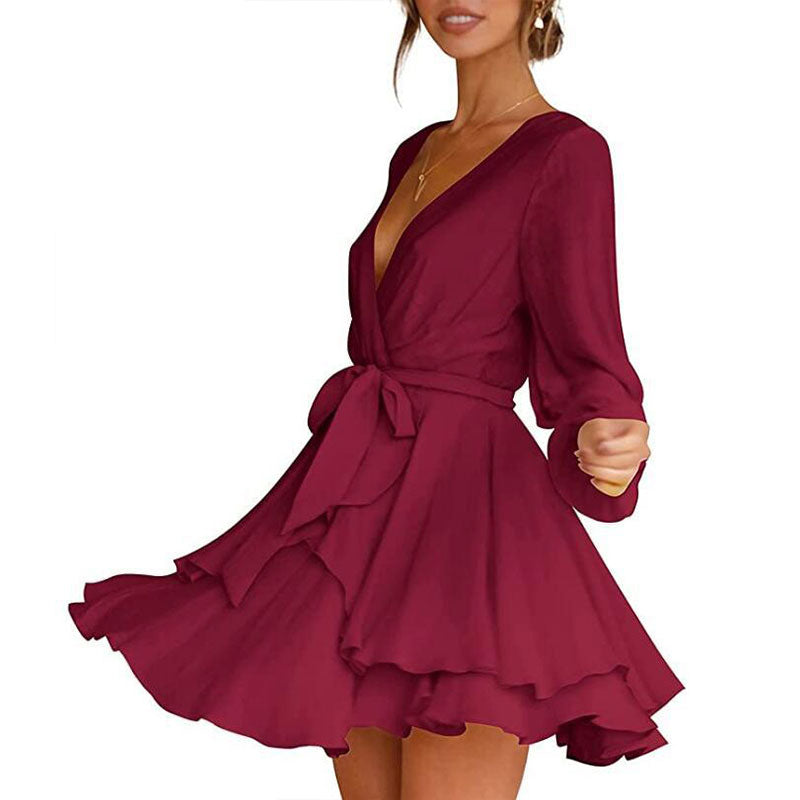 Women's Dress Deep V-Neck Long Sleeve Waist Tie Ruffle Mini Swing Skater Dresses