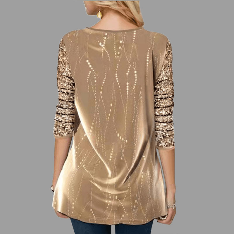 Round Neck Sequin Print Irregular Hem Women's Long Sleeve Tops