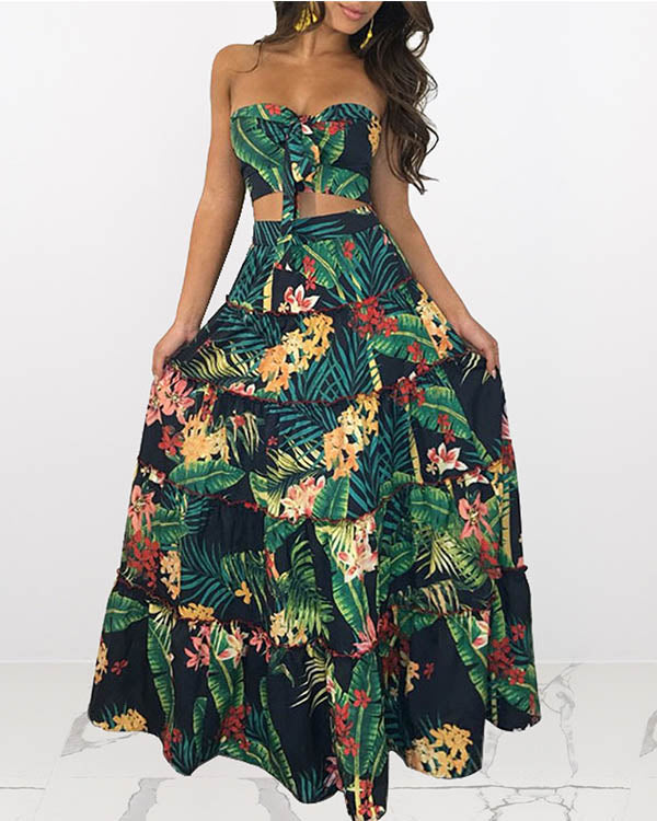 Garden Printed Wrapped Chest Cake Skirt Set